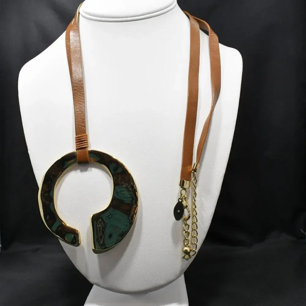 Chico’s Leather Necklace Large Gold C Pendant Adjustable 36” Modern Statement